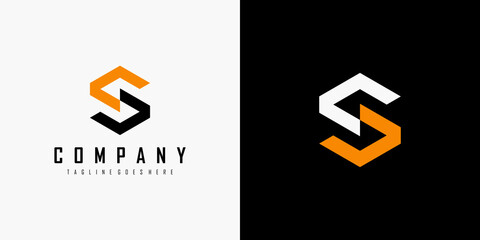 Initial Letter S Logo. Black Orange Geometric Hexagonal Line isolated on Double Background. Usable for Business, Building and Technology Logos. Flat Vector Logo Design Template Element.