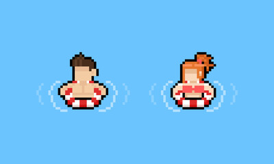 Pixel art cartoon people on swim ring with water effect.