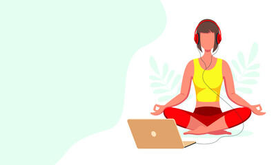 A woman in headphones with a laptop sits in a lotus position, practices yoga, meditates. Banner design. Stock vector illustration.
