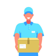 Male courier delivery man in blue uniform with a box in his hands. Stock vector illustration.