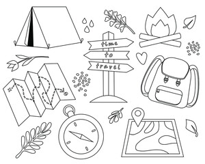 Set of travel icons and elements on a white background, hiking and camping. Vector illustration  in black outline. Summer elements for greeting cards, posters, stickers, seasonal design, coloring book
