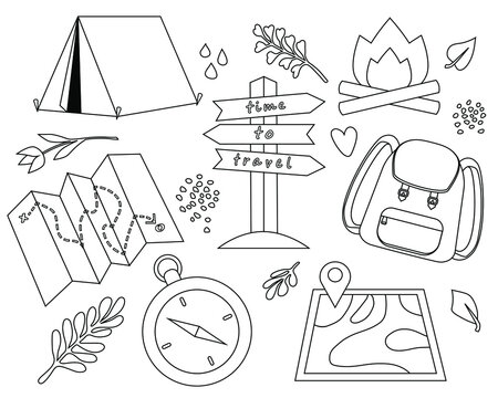 Set of travel icons and elements on a white background, hiking and camping. Vector illustration  in black outline. Summer elements for greeting cards, posters, stickers, seasonal design, coloring book