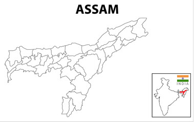 Assam map. Political and administrative map of Assam with districts name. Showing International and State boundary and district boundary of Assam. Vector illustration of districts map.