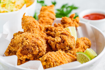 Crispy fried chicken in a white bowl with cole slaw salad and sauce.