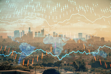 Forex chart on cityscape with skyscrapers wallpaper multi exposure. Financial research concept.