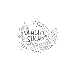 Beauty shop. Cosmetics. Powder, eyeshadow, lipstick, mascara. Lettering. Isolated vector object on white background.