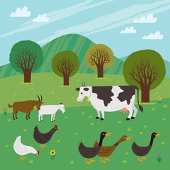 Agriculture / farm that is filled with livestock such as cow, goats, chicken, and ducks.