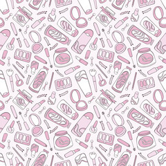 Makeup. Cosmetics set. Creams and mask face. Powder, eyeshadow, lipstick, mascara. Seamless vector pattern (background). Cartoon print. 