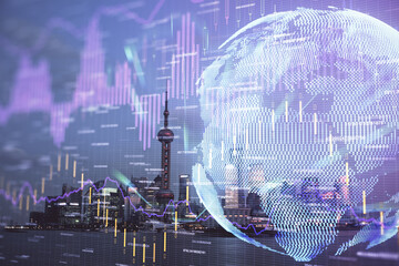 Forex chart on cityscape with tall buildings background multi exposure. Financial research concept.