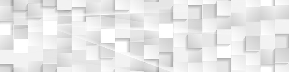 Abstract tech banner with grey white glossy mosaic squares pattern. Vector geometric background