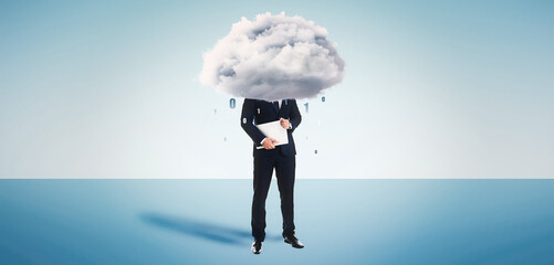 Man with cloud on his head against light background. Modern storage technology concept