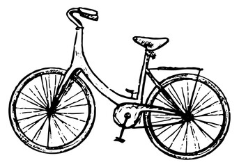 Bicycle, sport, summer leisure and movement. Hand drawn vector illustration. Graphic doodle, sketching. Black contour drawing isolated on white. Realistic style, single picture for design, print, card