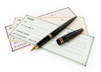 Colored cheques and ink pen isolated on white background. 3D illustration