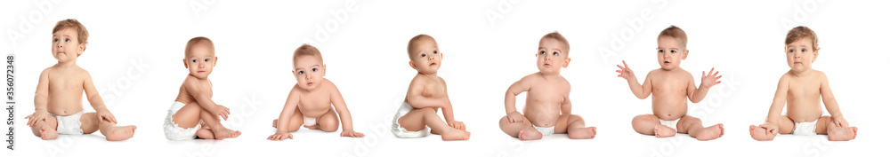 Poster Collage of cute little babies on white background. Banner design