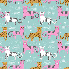 Wild cats. Leopard and tiger. Cartoon animal print. Seamless vector pattern (background).