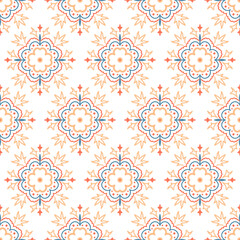 Geometric seamless tiles vector pattern. Mediterranean seamless blue and orange design. Portuguese or spanish retro old mosaic tiles. Decorative textile background.