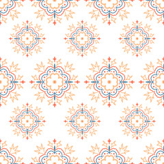 Geometric seamless tiles vector pattern. Mediterranean seamless blue and orange design. Portuguese or spanish retro old mosaic tiles. Decorative textile background.