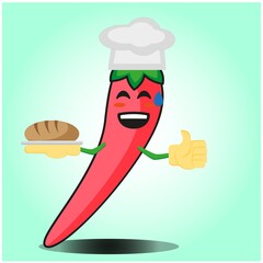 Cute mexican chili baker cartoon face character with chef hat and bread image design