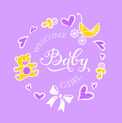 Vector hand-drawn inscription on a colorful background in a round frame consisting of a multicolored Teddy bear, a baby stroller, a bow of ribbon, nipples and heart