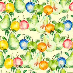 Vintage seamless pattern with watercolors - from tropical fruit, citrus spray, lemon, orange, lime, pear, mango fruit, paint splash. mandarin, grapefruit.apricot, peach, apple, plum, cherry plum, pear