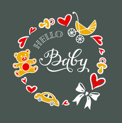 Vector Happy birthday background. Greeting logotype for card, flyer, poster, sign, banner, web, postcard, invitation. Abstract backdrop for text, type, quote. Baby pattern with toys and hearts.