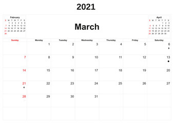 2021 annual calendar with white background.