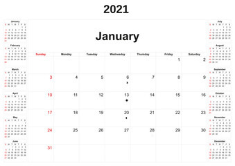 2021 annual calendar with white background.