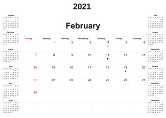 2021 annual calendar with white background.