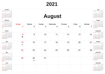 2021 annual calendar with white background.