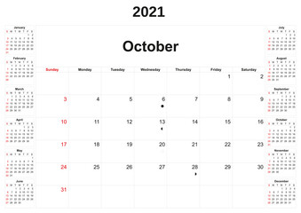 2021 annual calendar with white background.