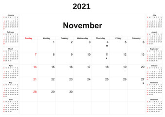 2021 annual calendar with white background.