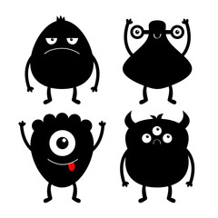 Happy Halloween. Monster black silhouette set. Eyes, horns, hands up, tongue. Cute cartoon kawaii sad character icon. Funny baby collection. Isolated. White background. Flat design.