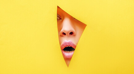 portrait of a woman. Woman lips. Sensual. Yellow background. Lips. 