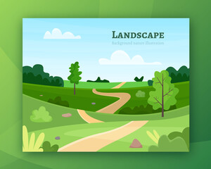 Fototapeta premium Nature park or forest outdoor background with trees. Flat cartoon style vector illustration.