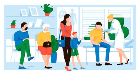 Female doctor makes injection of flu vaccine to patient man in hospital. People vaccination for immunity health. Various people in queue. Clinic room interior with furniture. Flat vector illustration