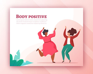 Body positive. Love your body. Happy plus size woman dance and active lifestyle. Flat cartoon style vector illustration.