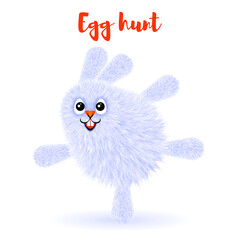 Small fluffy grey smiling Easter Bunny on a white background. Vector illustration for happy Easter greeting card