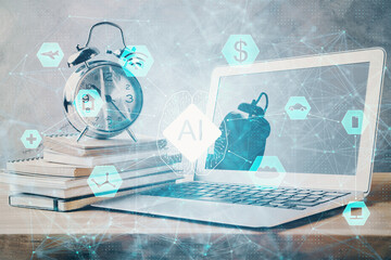 Double exposure of desktop with computer on background and tech theme drawing. Concept of big data.