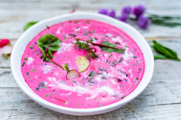 Cold beetroot soup with fresh seasonal vegetables on wooden background. 