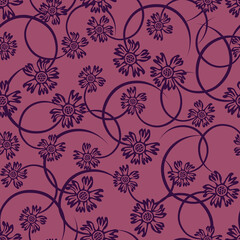 Vector floral seamless pattern. Elegant vintage ornament with small flowers on curved branches, twigs. Liberty style millefleurs. Burgundy color. Retro abstract background. Repeat design for wallpaper