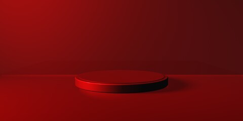 Espositore vuoto circolare rosso su fondo rosso, podio o piedistallo per esposizione prodotti, base...