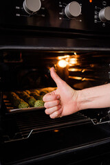 Raw falafel arranged on baking paper in the tray in oven. Healthy food diet, vegan background. Hand showing ok sign