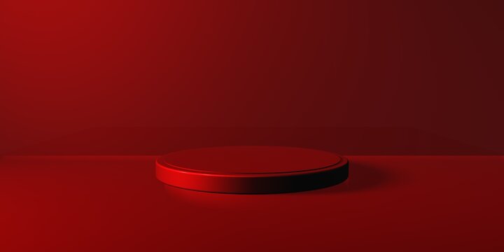 Espositore vuoto circolare rosso su fondo rosso, podio o piedistallo per esposizione prodotti, base circolare con sfondo vuoto, Rendering 3D, visione frontale