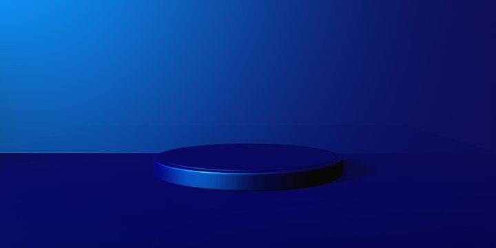 Espositore vuoto circolare blu scuo su fondo blu, podio o piedistallo per esposizione prodotti, base circolare con sfondo vuoto, Rendering 3D, visione frontale
