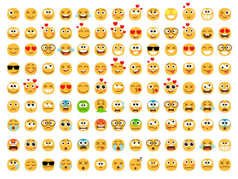 Emoticons yellow set. Smiling and sad, happy love eyes of balls, emotion circles icons, emojis with expressions funny vector illustration faces isolated on white background