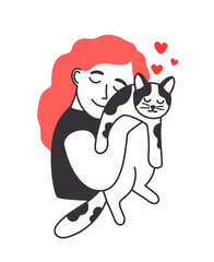 Female and kitten. Young woman with smile cuddling cute cat with love, cartoon poster girl hug pet with red hearts isolated on white background, vector illustration