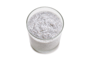 Chia pudding  in glass on a white background. Space for text or design.