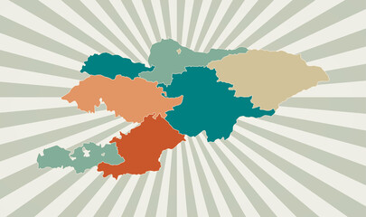 Fototapeta premium Kyrgyzstan map. Poster with map of the country in retro color palette. Shape of Kyrgyzstan with sunburst rays background. Vector illustration.