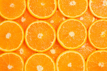 Slices of oranges as a background, top view.