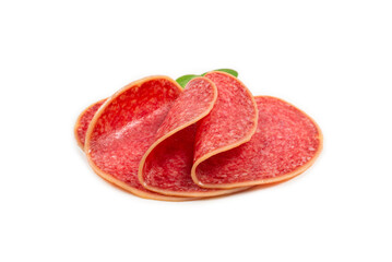 Salami slices isolated on white background.